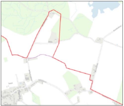 Figur 1. Nuværende forsyningsgrænse mellem Ryslineg og Herrested-Måre vandværker